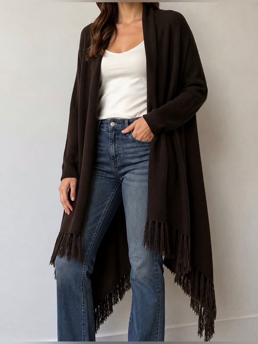 Elegant Chocolate Brown Fringe Women's Cardigan